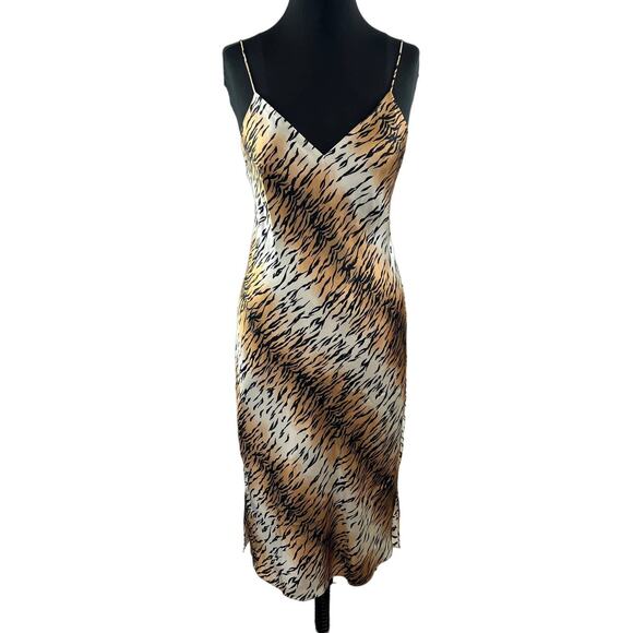 Cami NYC Brown Leopard Print Silk V-Neck Slip Dress Midi Spaghetti Strap S - Picture 1 of 11
